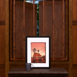 In Pink Sunset, gel plate monotype by Daniel Arendzen, framed and standing on a carved wooden cabinet under a barred window, with a mug for scale. The room is a Blender render of the interior of the same traditional Malaysian house shown in the print.