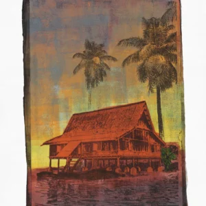 Purple Lake, gel plate monotype by Daniel Arendzen, shown in full including the paper and the pencil writing at the bottom. The impression shows a traditional Malaysian house in warm colours by a purple lake, with fading palms against a sky turning grey, on textured cold-pressed paper