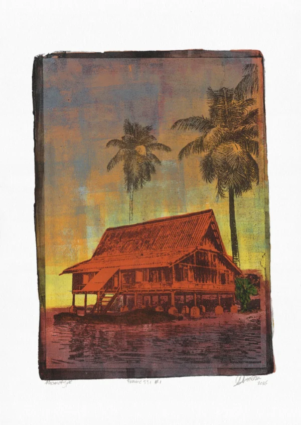 Purple Lake, gel plate monotype by Daniel Arendzen, shown in full including the paper and the pencil writing at the bottom. The impression shows a traditional Malaysian house in warm colours by a purple lake, with fading palms against a sky turning grey, on textured cold-pressed paper