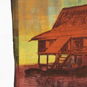 Purple Lake, gel plate monotype by Daniel Arendzen, shown as a close-up: the roof, staircase and stilts of the house in warm orange-red, against a yellow and orange sky, with the purple water below