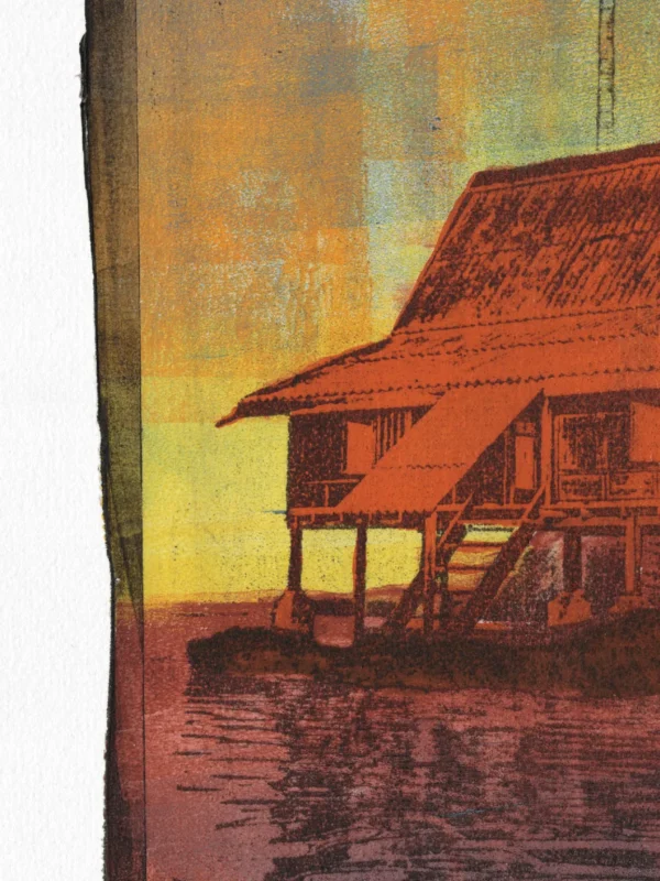 Purple Lake, gel plate monotype by Daniel Arendzen, shown as a close-up: the roof, staircase and stilts of the house in warm orange-red, against a yellow and orange sky, with the purple water below