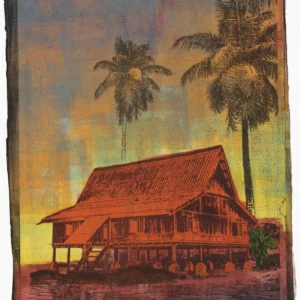 Purple Lake, gel plate monotype by Daniel Arendzen, showing the printed image only: a traditional Malaysian house on stilts in warm orange-red with a green plant beside it, by a purple lake, with two fading palms against a sky of grey-blue, orange and yellow patches, inside a dark edge