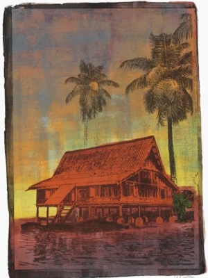 Purple Lake, gel plate monotype by Daniel Arendzen, showing the printed image only: a traditional Malaysian house on stilts in warm orange-red with a green plant beside it, by a purple lake, with two fading palms against a sky of grey-blue, orange and yellow patches, inside a dark edge