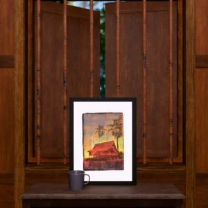 Purple Lake, gel plate monotype by Daniel Arendzen, framed and standing on a carved wooden cabinet under a barred window, with a mug for scale. The room is a Blender render of the interior of the same traditional Malaysian house shown in the print.