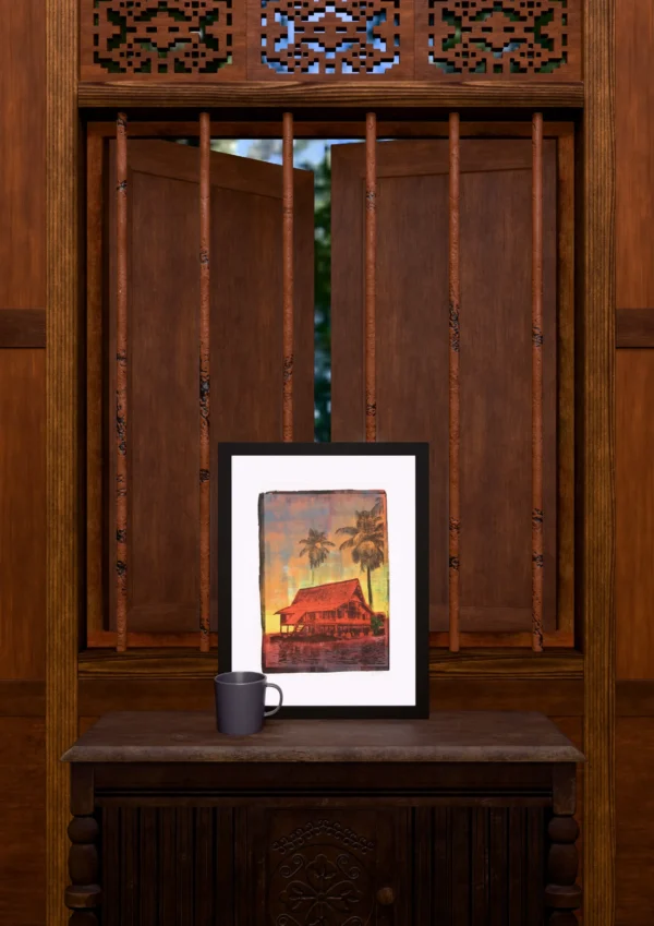 Purple Lake, gel plate monotype by Daniel Arendzen, framed and standing on a carved wooden cabinet under a barred window, with a mug for scale. The room is a Blender render of the interior of the same traditional Malaysian house shown in the print.