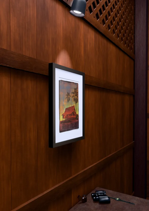 Purple Lake, gel plate monotype by Daniel Arendzen, framed on a wooden wall under a spotlight, seen from the side, with binoculars, a watch and a lighter on a table below. The room is a Blender render of the interior of the same traditional Malaysian house shown in the print.