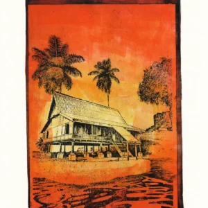 Red Water, gel plate monotype by Daniel Arendzen, shown in full including the paper and the pencil writing at the bottom. The impression shows a traditional Malaysian house in bold black lines behind a field of tall grass, against a red and orange sky, with red water in front, on smooth hot-pressed paper