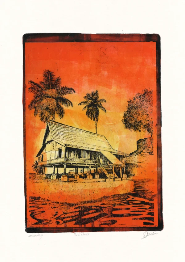 Red Water, gel plate monotype by Daniel Arendzen, shown in full including the paper and the pencil writing at the bottom. The impression shows a traditional Malaysian house in bold black lines behind a field of tall grass, against a red and orange sky, with red water in front, on smooth hot-pressed paper