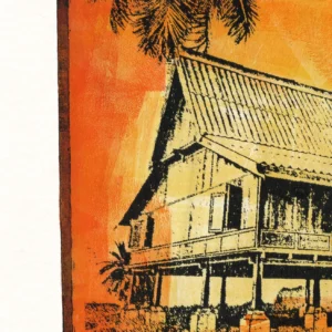 Red Water, gel plate monotype by Daniel Arendzen, shown as a close-up: the roof, veranda and stilts of the house in bold black lines over pale yellow and orange, with a palm above