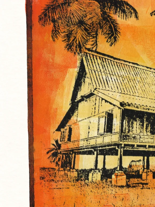 Red Water, gel plate monotype by Daniel Arendzen, shown as a close-up: the roof, veranda and stilts of the house in bold black lines over pale yellow and orange, with a palm above