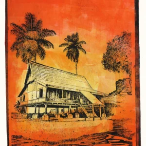 Red Water, gel plate monotype by Daniel Arendzen, showing the printed image only: a traditional Malaysian house on stilts drawn in bold black lines over pale yellow, with two dark palms and a tree, against a red and orange sky, behind a field of tall grass, with red water in front, inside a dark red edge