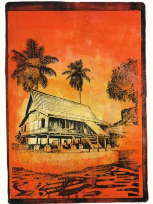 Red Water - Print Red Water, gel plate monotype by Daniel Arendzen, showing the printed image only: a traditional Malaysian house on stilts drawn in bold black lines over pale yellow, with two dark palms and a tree, against a red and orange sky, behind a field of tall grass, with red water in front, inside a dark red edge