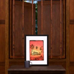 Red Water, gel plate monotype by Daniel Arendzen, framed and standing on a carved wooden cabinet under a barred window, with a mug for scale. The room is a Blender render of the interior of the same traditional Malaysian house shown in the print.