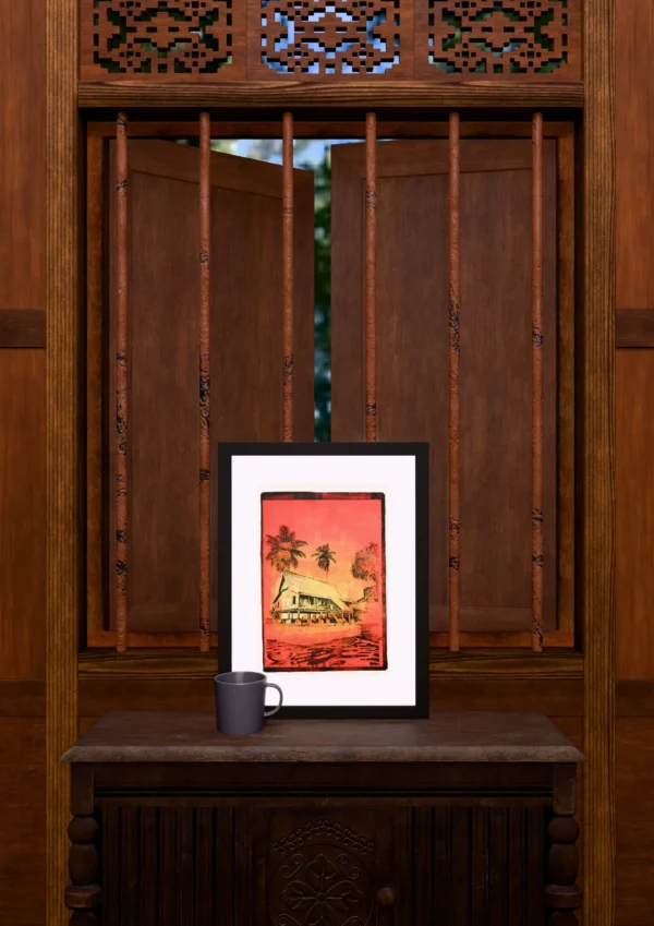 Red Water, gel plate monotype by Daniel Arendzen, framed and standing on a carved wooden cabinet under a barred window, with a mug for scale. The room is a Blender render of the interior of the same traditional Malaysian house shown in the print.