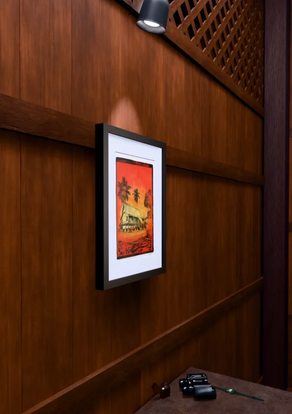 Red Water, gel plate monotype by Daniel Arendzen, framed on a wooden wall under a spotlight, seen from the side, with binoculars, a watch and a lighter on a table below. The room is a Blender render of the interior of the same traditional Malaysian house shown in the print.