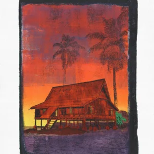 Shallow Water Shallow Water, gel plate monotype by Daniel Arendzen, shown in full including the paper and the pencil writing at the bottom. The impression shows a traditional Malaysian house in warm red above rising purple water, with fading palms and a green plant against a red and yellow sky, on textured cold-pressed paper