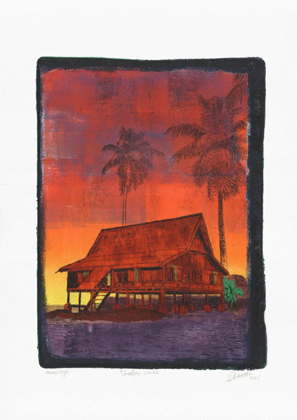 Shallow Water Shallow Water, gel plate monotype by Daniel Arendzen, shown in full including the paper and the pencil writing at the bottom. The impression shows a traditional Malaysian house in warm red above rising purple water, with fading palms and a green plant against a red and yellow sky, on textured cold-pressed paper