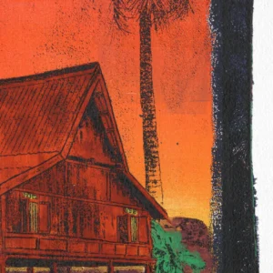 Shallow Water - Detail Shallow Water, gel plate monotype by Daniel Arendzen, shown as a close-up: the roof and windows of the house in warm red, with the green plant at its side and a dark palm trunk behind, against an orange sky