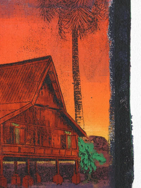 Shallow Water - Detail Shallow Water, gel plate monotype by Daniel Arendzen, shown as a close-up: the roof and windows of the house in warm red, with the green plant at its side and a dark palm trunk behind, against an orange sky