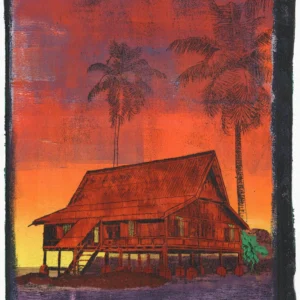 Shallow Water - Print Shallow Water, gel plate monotype by Daniel Arendzen, showing the printed image only: a traditional Malaysian house on stilts in warm red, barely standing on a strip of land above purple water, with two fading palms and a green plant beside it, against a sky of red, orange and yellow, inside a dark edge