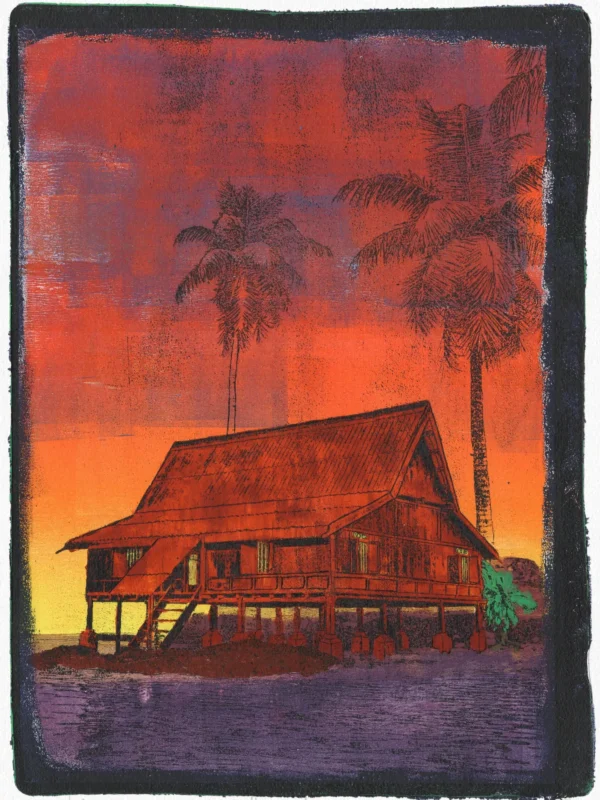 Shallow Water - Print Shallow Water, gel plate monotype by Daniel Arendzen, showing the printed image only: a traditional Malaysian house on stilts in warm red, barely standing on a strip of land above purple water, with two fading palms and a green plant beside it, against a sky of red, orange and yellow, inside a dark edge