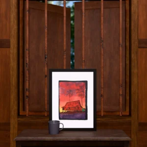 Shallow Water - Room Shallow Water, gel plate monotype by Daniel Arendzen, framed and standing on a carved wooden cabinet under a barred window, with a mug for scale. The room is a Blender render of the interior of the same traditional Malaysian house shown in the print.
