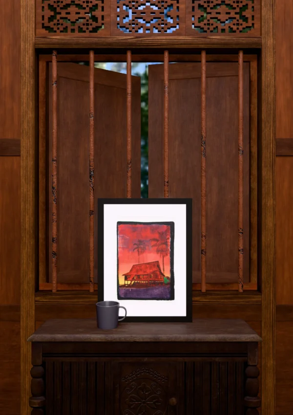 Shallow Water - Room Shallow Water, gel plate monotype by Daniel Arendzen, framed and standing on a carved wooden cabinet under a barred window, with a mug for scale. The room is a Blender render of the interior of the same traditional Malaysian house shown in the print.