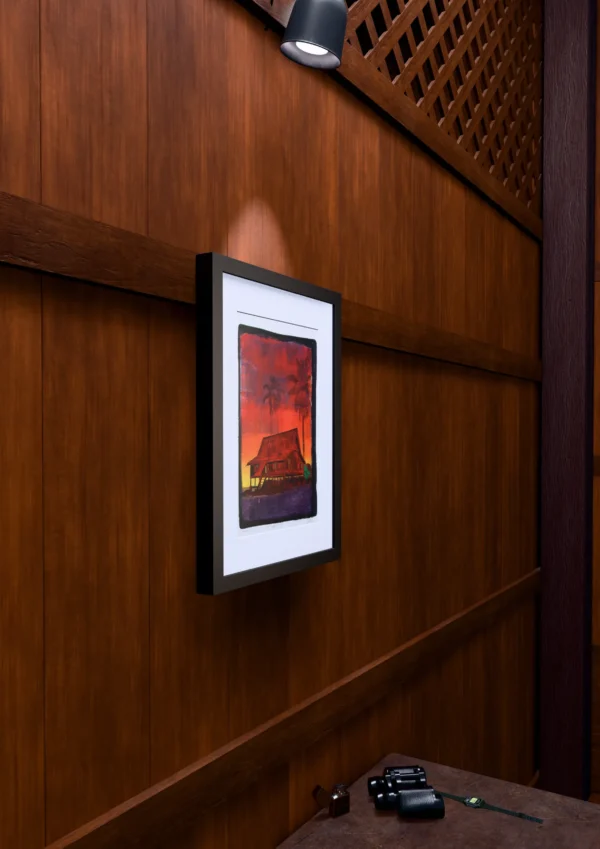 Shallow Water - Wall Shallow Water, gel plate monotype by Daniel Arendzen, framed on a wooden wall under a spotlight, seen from the side, with binoculars, a watch and a lighter on a table below. The room is a Blender render of the interior of the same traditional Malaysian house shown in the print.