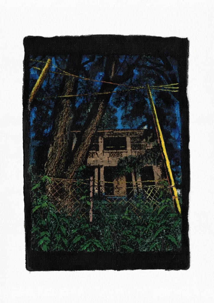 The House of Bellamy Road, gel plate monotype by Daniel Arendzen: a two-storey house half hidden behind dark trees and green plants, with yellow lines crossing the image, inside a thick black border