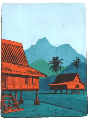 Two Houses Study #2, gel plate monotype by Daniel Arendzen, showing the printed image only: two traditional Malaysian houses on stilts in bright orange with dark roof lines, a large one in front with a wooden staircase and a smaller one further back, in a blue-green landscape with two black coconut palms and layered teal and green hills, the distant hills lighter, under a pale blue sky