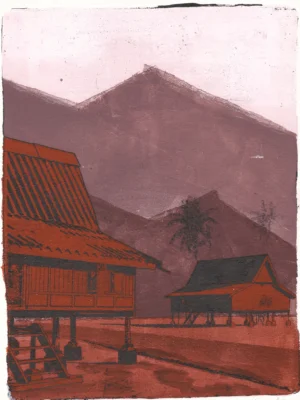 Two Houses Study #3, gel plate monotype by Daniel Arendzen, showing the printed image only: two traditional Malaysian houses on stilts in muted rust-red with dark roofs, a large one in front with a wooden staircase and a smaller one further back, on rust-red ground with a darker road, below layered mauve-purple hills with faint dark coconut palms and a pale pink sky