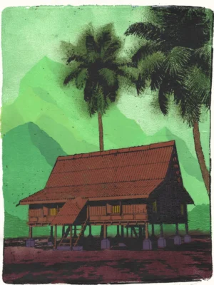 Vintage Study #2, gel plate monotype by Daniel Arendzen, showing the printed image only: a traditional Malaysian house on stilts in warm brown with a few small lit yellow windows and its shadow side in dark purple, under two tall coconut palms. Behind it, layered green mountains under a pale green sky, with dark red-brown ground in front. Layered acrylic paint applied with masks