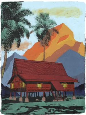 Vintage Study, gel plate monotype by Daniel Arendzen, showing the printed image only: a traditional Malaysian house on stilts with a red roof and walls and lit yellow windows, under two coconut palms, on dark green ground. Behind it, mountains in orange, yellow and red catch the sun, with blue-grey mountains on either side, under a pale blue sky with yellow and pink clouds. Layered acrylic paint applied with masks, in the style of a WPA poster