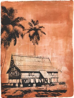 Vintage Sun - Print Vintage Sun, gel plate monotype by Daniel Arendzen, showing the printed image only: a traditional Malaysian house on stilts in black and a lighter tint of the same muted red, with two black coconut palms against a muted red-orange sky and crumbling dark land in front. Made with one colour in different intensities, with swift brayer strokes that leave visible marks