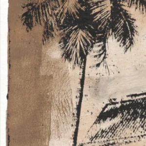 Close-up of Vintage in Sepia, gel plate monotype by Daniel Arendzen: a black coconut palm above the roof edge of a Malay house in sepia tones, with a darker brown border and the visible texture of rolled acrylic paint on cotton paper
