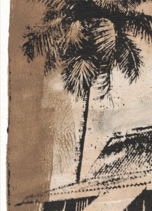 Close-up of Vintage in Sepia, gel plate monotype by Daniel Arendzen: a black coconut palm above the roof edge of a Malay house in sepia tones, with a darker brown border and the visible texture of rolled acrylic paint on cotton paper