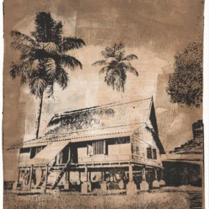 Vintage in Sepia, gel plate monotype by Daniel Arendzen, showing the printed image only: a traditional Malaysian house on stilts with two black coconut palms and a tree, in sepia and black, with long grass in front and the texture of rolled acrylic paint