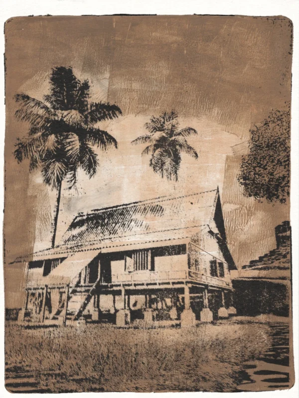 Vintage in Sepia, gel plate monotype by Daniel Arendzen, showing the printed image only: a traditional Malaysian house on stilts with two black coconut palms and a tree, in sepia and black, with long grass in front and the texture of rolled acrylic paint