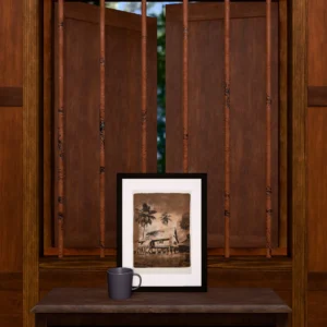 Vintage in Sepia, gel plate monotype by Daniel Arendzen, framed and standing on a carved wooden cabinet under a barred window, with a mug for scale. The room is a Blender render of the interior of the same traditional Malaysian house shown in the print.