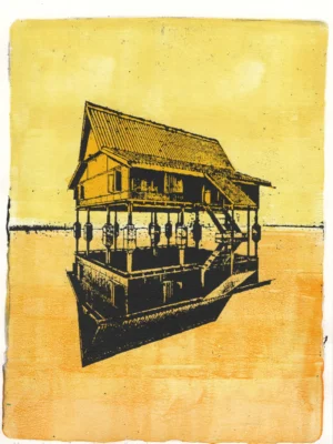 Yellow House, gel plate monotype by Daniel Arendzen, showing the printed image only: a traditional Malaysian house on stilts in bold black lines with a yellow roof and walls, standing on its own black reflection, with a thin dark horizon line across the middle. Pale yellow sky above and warm orange-yellow ground below, in uneven brayer strokes of acrylic paint